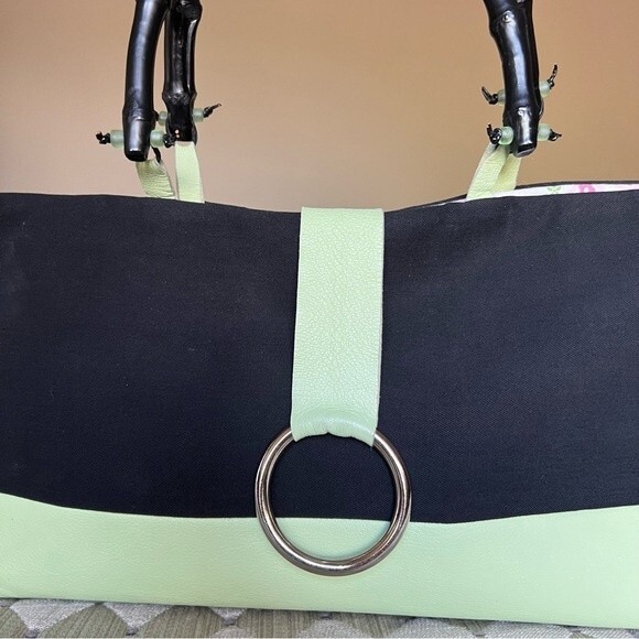 Bobo Bags Handcrafted in Denver Lime Green & Black Handbag Purse Bamboo Handles - Picture 12 of 15